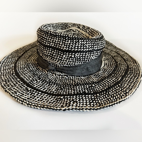 BCBG Generation black & white woven 100% Paper floppy Sun hat grey ribbon OS - Picture 10 of 10